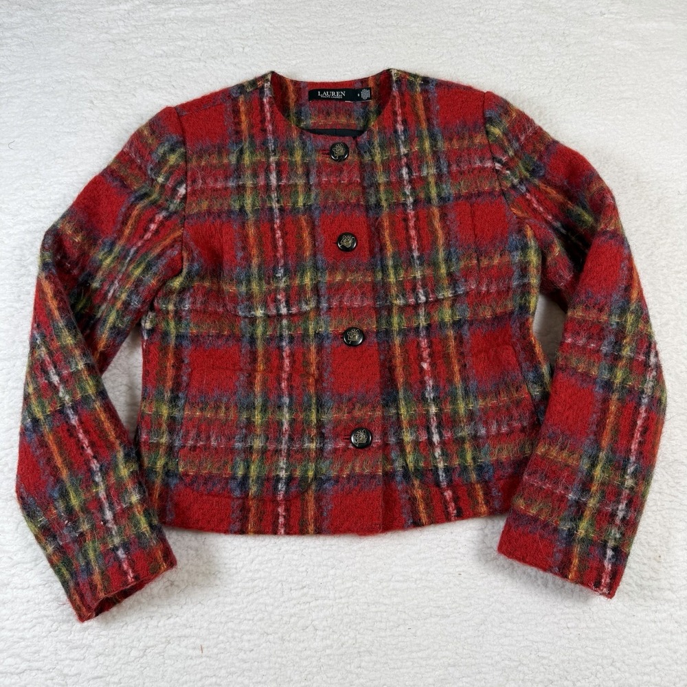 Lauren Ralph Lauren Mohair Plaid Jacket Women 6 Red Cropped Wool Alpaca Italy